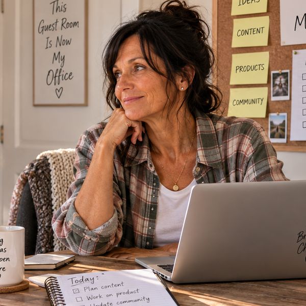 Tina Alexander at her desk in the guest room she turned into her office