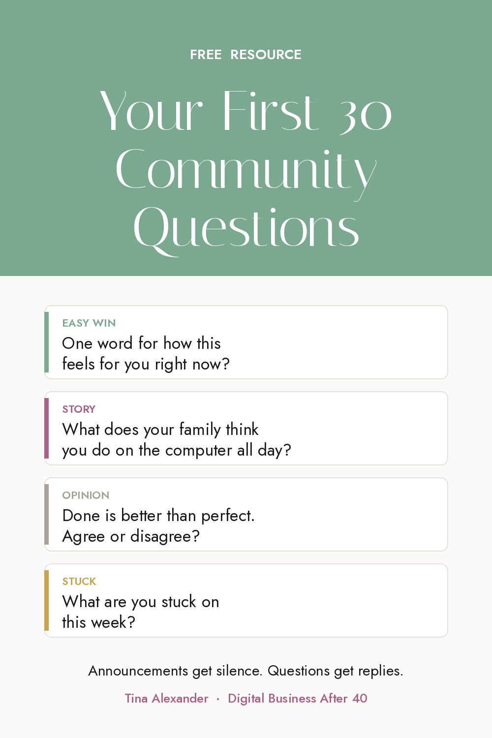 Your First 30 Community Questions, a free tool by Tina Alexander, Digital Business After 40